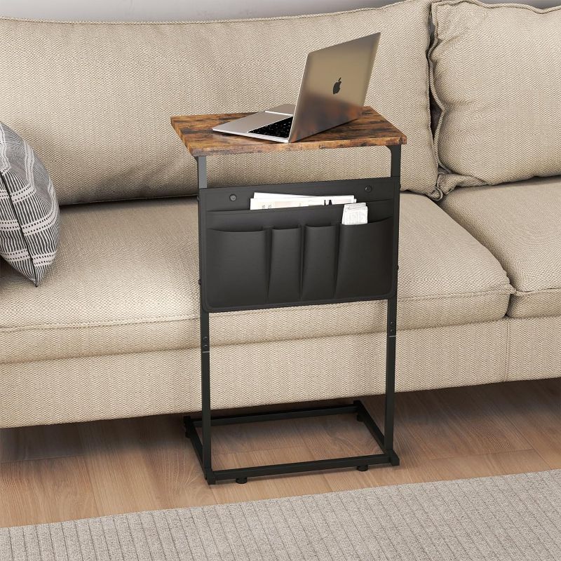 Photo 2 of C Shaped End Table, Small Side Table with Storage Bag for Couch, Sofa Table with Metal Frame for Living Room and Bedroom Bedside, Rustic Brown