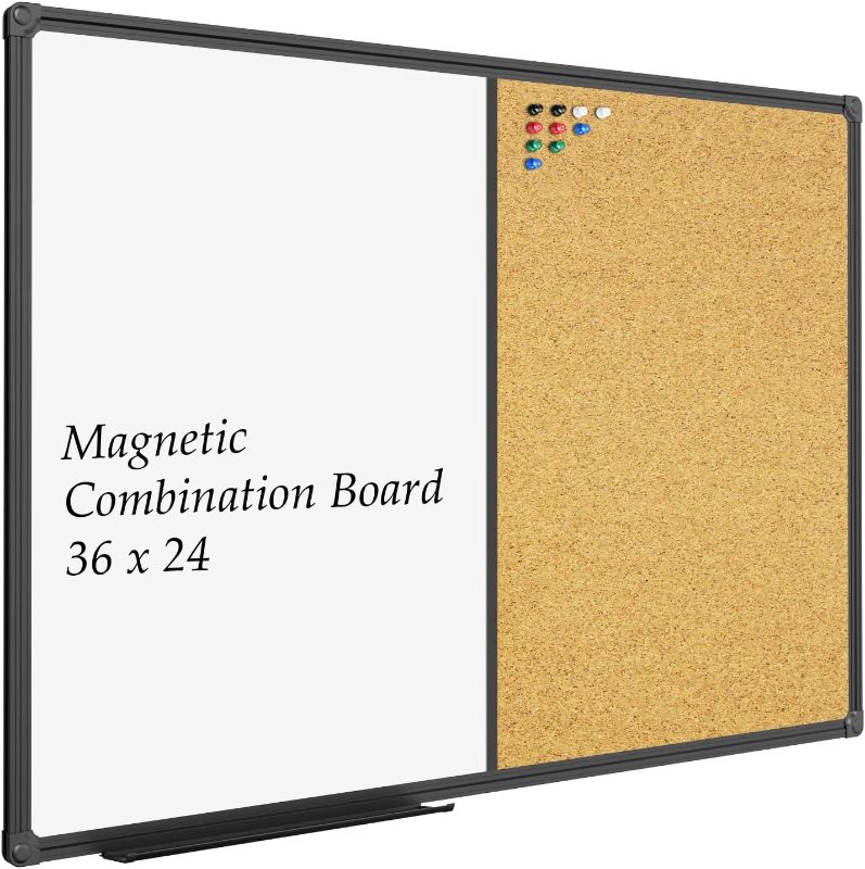 Photo 1 of JILoffice White Board & Bulletin Corkboard Combination, Combo Board 36 x 24 Magnetic Whiteboard, Black Aluminum Frame Wall Mounted Board for Office Home and School with 10 Push Pins