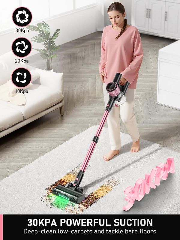 Photo 2 of Cordless Vacuum Cleaner, 350W/30Kpa 8 in 1 Powerful Stick Vacuum, with Anti-Tangle Brush and Upgraded Green Light, 40mins Runtime Rechargeable Lightweight Vacuums for Hardwood Floor, Carpet, Pet Hair