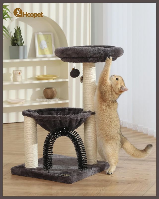 Photo 2 of HOOPET cat Tree,27.8 INCHES Tower for Indoor Cats, Multi-Level Cat Tree with Scratching Posts Plush Basket & Perch Play Rest, Activity Dangling Ball Kittens/Small Cats