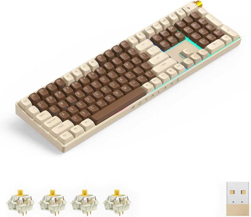 View 1 of R108 Wireless Mechanical Keyboard, Gateron G Pro 3.0 Yellow Switch, Hot Swappable Wired/Bluetooth/2.4G Wireless Keyboard with RGB Light for Windows & Mac, PBT Keycaps, Lava Brown