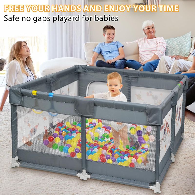 Photo 2 of Baby Playpen, 50"x50" large Sturdy Safety Play Yard for Babies & Toddlers Activity Center with Gate, Indoor & Outdoor, with Anti-Slip Base and Soft Breathable Mesh (Gray)