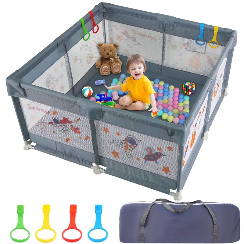 Photo 1 of Baby Playpen, 50"x50" large Sturdy Safety Play Yard for Babies & Toddlers Activity Center with Gate, Indoor & Outdoor, with Anti-Slip Base and Soft Breathable Mesh (Gray)