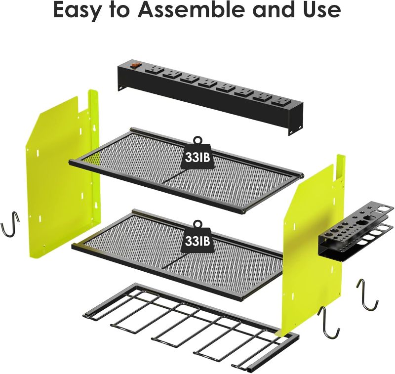 Photo 2 of CCCEI Modular Power Tool Organizer Wall Mount with Charging Station. Garage 4 Drill Storage Shelf with Hooks, Screwdriver, Drill Bit Heavy Duty Rack, Tool Battery Holder Built in 8 Outlet Power Strip.
