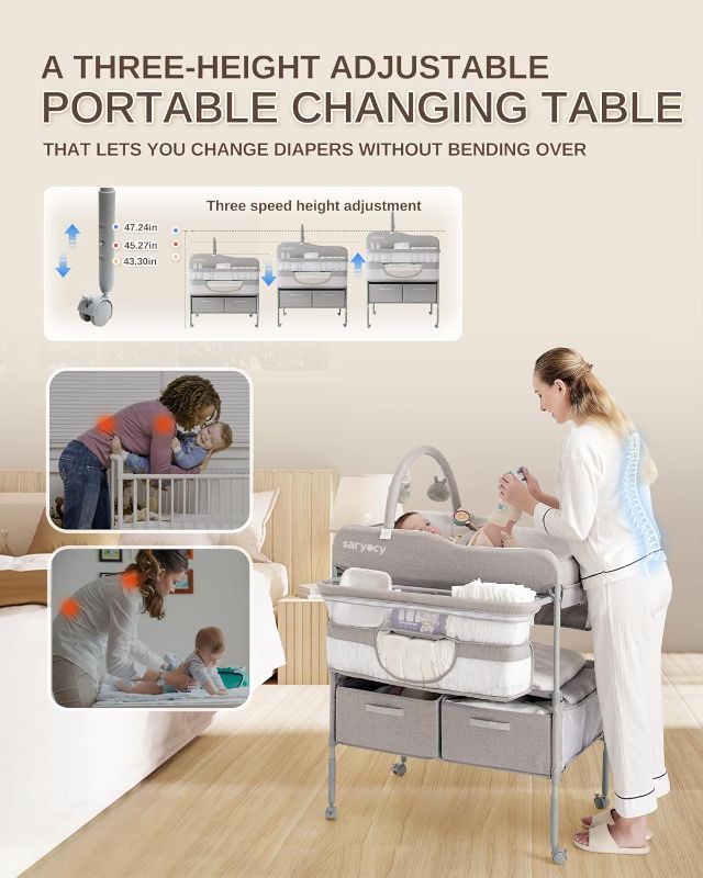 Photo 2 of Baby changing table, Versatile Folding Changing Table, Waterproof diaper changing station, Adjustable Height with 2 drawers,baby changing station, mobile nursery for Infant and Newborn