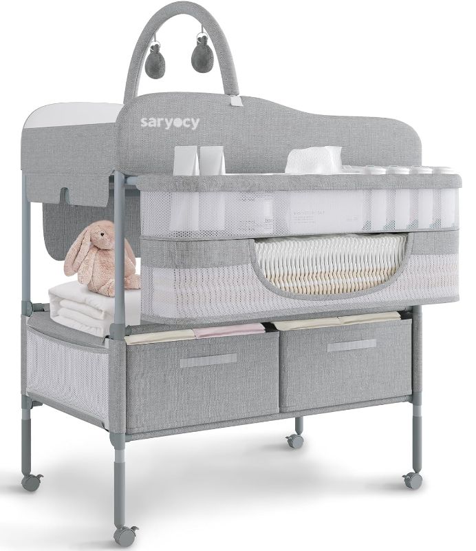 Photo 1 of Baby changing table, Versatile Folding Changing Table, Waterproof diaper changing station, Adjustable Height with 2 drawers,baby changing station, mobile nursery for Infant and Newborn