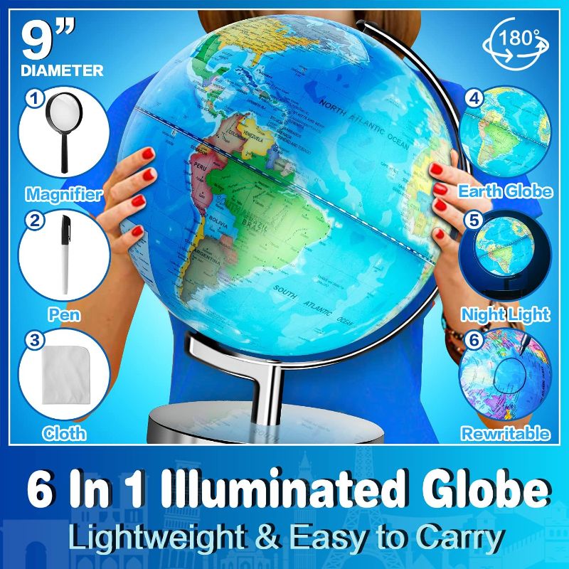 Photo 2 of 6 in1 Illuminated World Globe for Kids & Adults All Ages High Clear Map, Illuminates Educational Interactive Globe STEM Toy, Light Up Kids Globe Lamp,Earth Globe Gifts For Boys And Girls