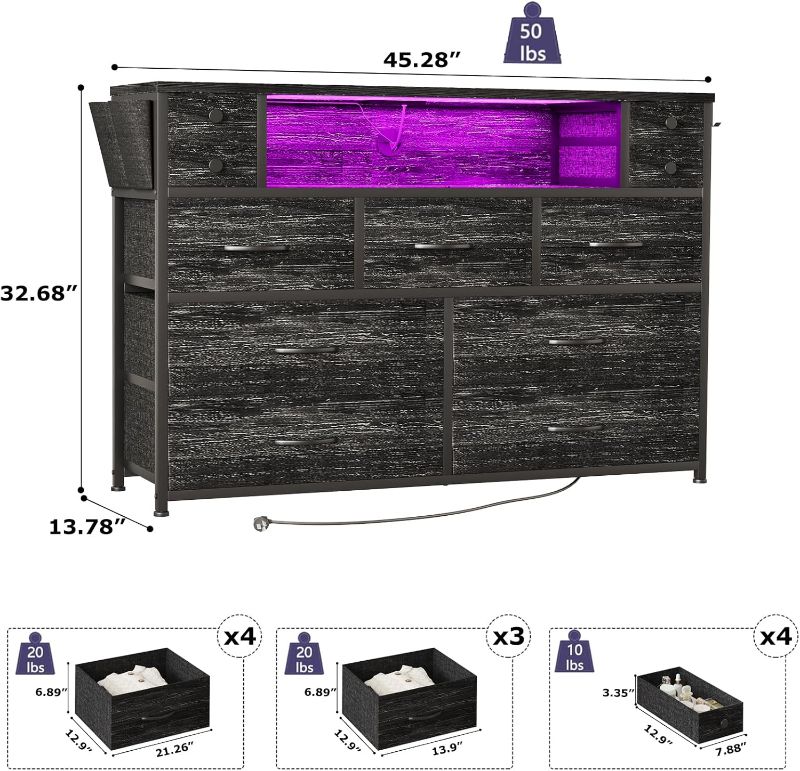 Photo 2 of Dresser TV Stand with Power Outlets and LED Lights for 55'' TV, 11 Drawers Dresser with Side Pocket, Fabric Chest of Drawers with PU Finish, Sturdy Frame & Wood Top (Charcoal Black)