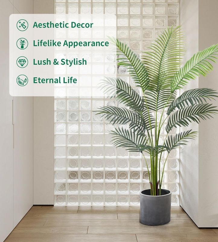 Photo 2 of Artificial Golden Cane Palm Tree 5Feet Faux Plant for Home Decor Indoor Outdoor Faux Areca Palm Tree in Pot for Home Office Perfect Housewarming Gift with Adjustable Trunk