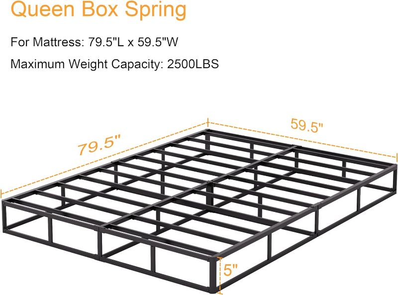 Photo 2 of Queen Box Spring 5 Inch Low Profile Metal Boxspring with Non-Slip Fabric Bed Cover, Sturdy Heavy Duty Steel Structure Bed Base, Noise-Free Mattress Foundation, Easy Assembly Black