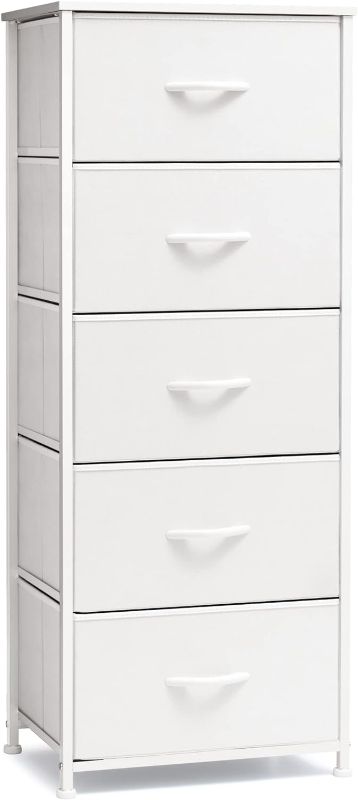 Photo 1 of Crestlive Products Vertical Dresser Storage Tower - Sturdy Steel Frame, Wood Top, Easy Pull Fabric Bins - Organizer Unit for Bedroom, Hallway, Entryway, Closets - 5 Drawers(White)