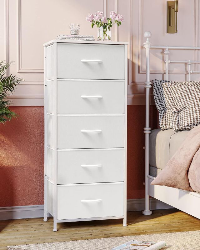 Photo 2 of Crestlive Products Vertical Dresser Storage Tower - Sturdy Steel Frame, Wood Top, Easy Pull Fabric Bins - Organizer Unit for Bedroom, Hallway, Entryway, Closets - 5 Drawers(White)