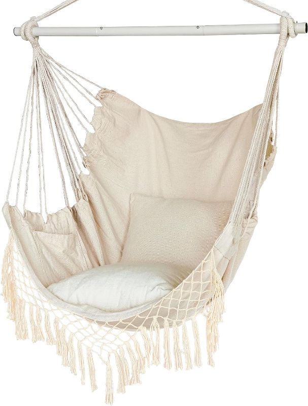 Photo 1 of Hammock Chair, Hanging Rope Swing Seat with 2 Cushions,Macrame Hanging Chair Side Pocket with High Load-Bearing Metal Rod,for Indoor, Outdoor, Extra Comfortable