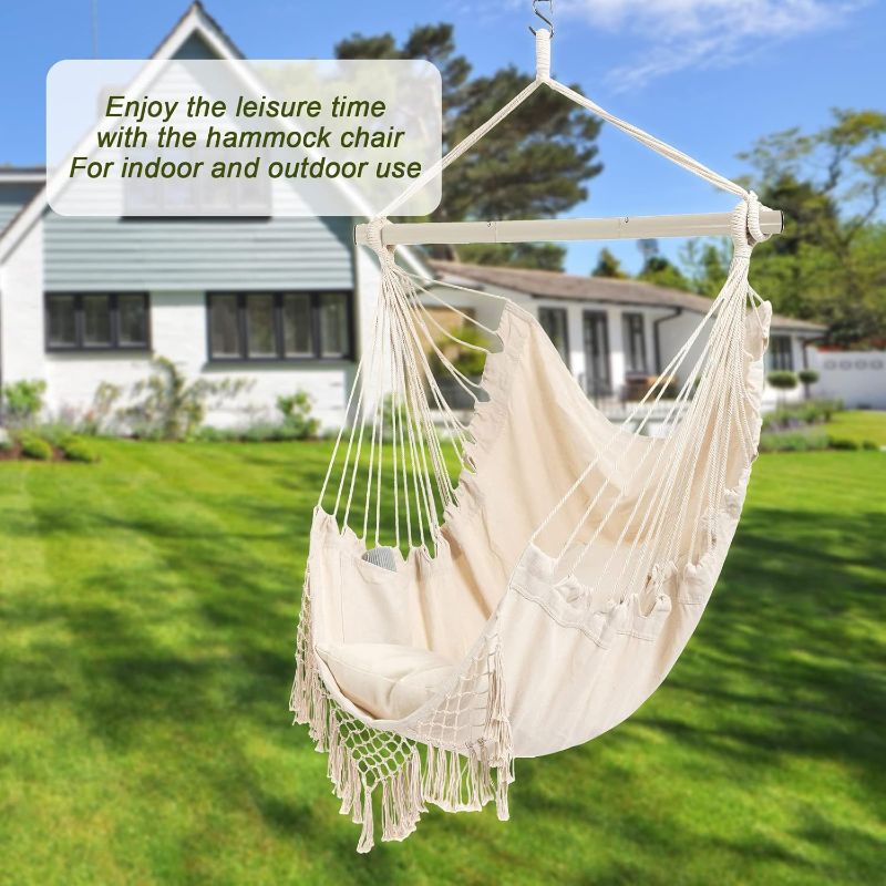 Photo 2 of Hammock Chair, Hanging Rope Swing Seat with 2 Cushions,Macrame Hanging Chair Side Pocket with High Load-Bearing Metal Rod,for Indoor, Outdoor, Extra Comfortable