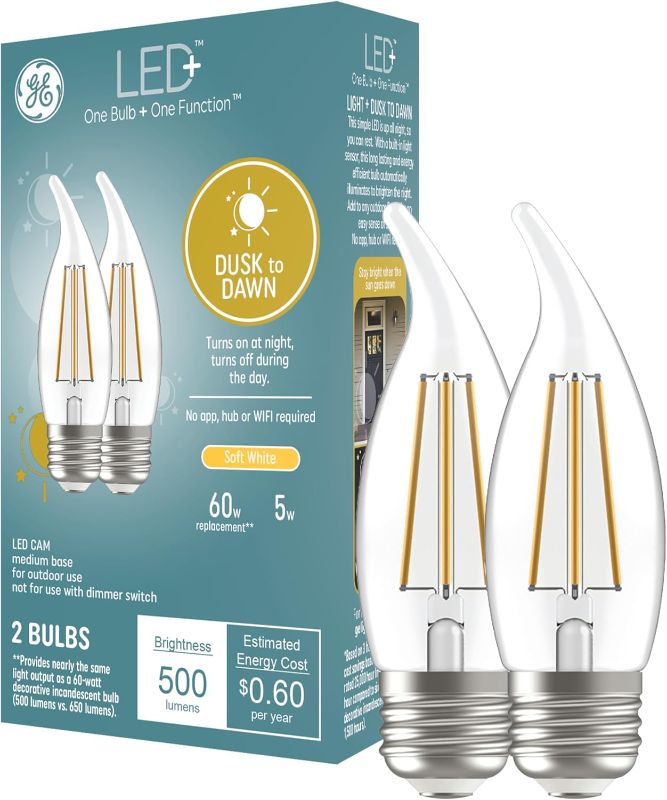 Photo 1 of GE LED+ CA11 Dusk to Dawn LED Light Bulbs, Automatic On/Off Outdoor Security Lights, Soft White, E26 Medium Base (2 Pack)