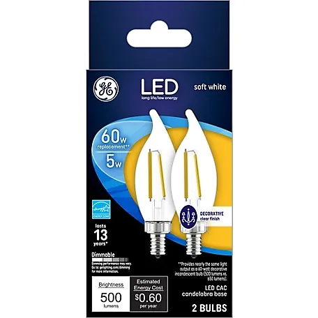 Photo 1 of GE LED Decorative Light Bulbs, 60 Watts Replacement, Soft White, Clear Bent Tip Bulbs (2 Pack)