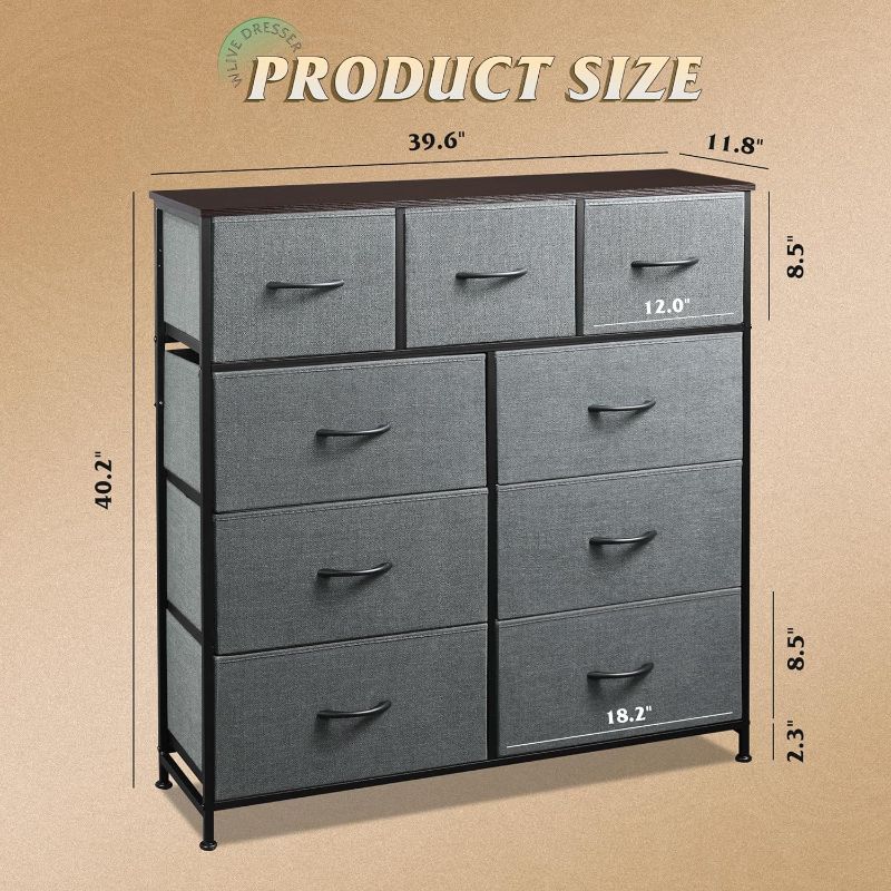 Photo 1 of WLIVE 9-Drawer Dresser, Fabric Storage Tower for Bedroom, Hallway, Entryway, Closet, Tall Chest Organizer Unit with Fabric Bins, Steel Frame, Wood Top, Easy Pull Handle, Dark Grey