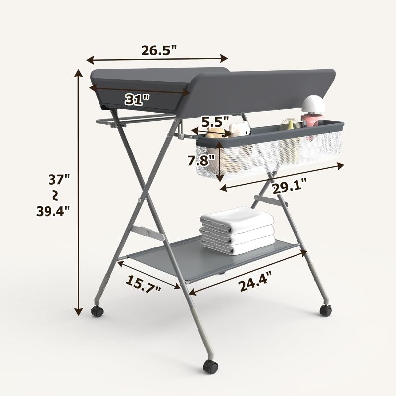 Photo 1 of Baby Changing Table with Wheels, Portable changing table for baby & Infant, Portable Adjustable Height Foldable Diaper changing Station with large storage space, Newborn Essentials (Grey)