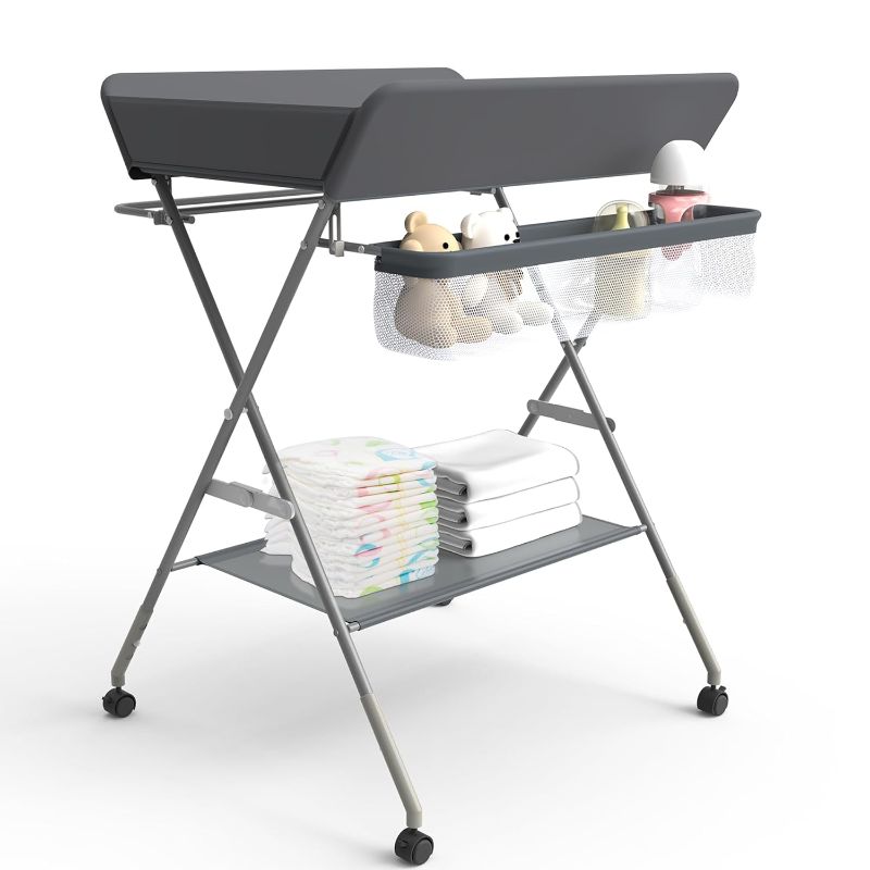 Photo 1 of Baby Changing Table with Wheels, Portable changing table for baby & Infant, Portable Adjustable Height Foldable Diaper changing Station with large storage space, Newborn Essentials (Grey)