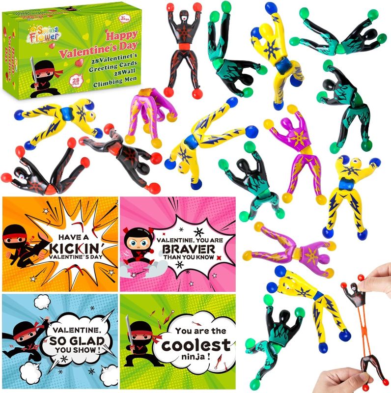 Photo 1 of 28 Packs Valentines Day Cards for Kids with Sticky Wall Climbing Men Ninja Set for Classroom,Valentine's Gifts Exchange For School, Valentine's Party Favors for Kids, Valentine's Prizes for Boys Girls