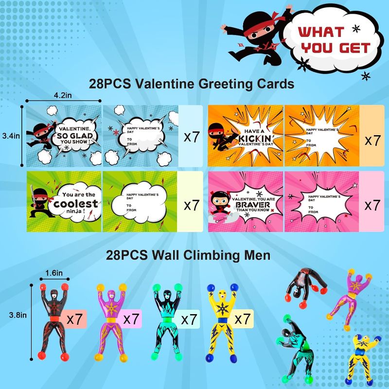 Photo 2 of 28 Packs Valentines Day Cards for Kids with Sticky Wall Climbing Men Ninja Set for Classroom,Valentine's Gifts Exchange For School, Valentine's Party Favors for Kids, Valentine's Prizes for Boys Girls