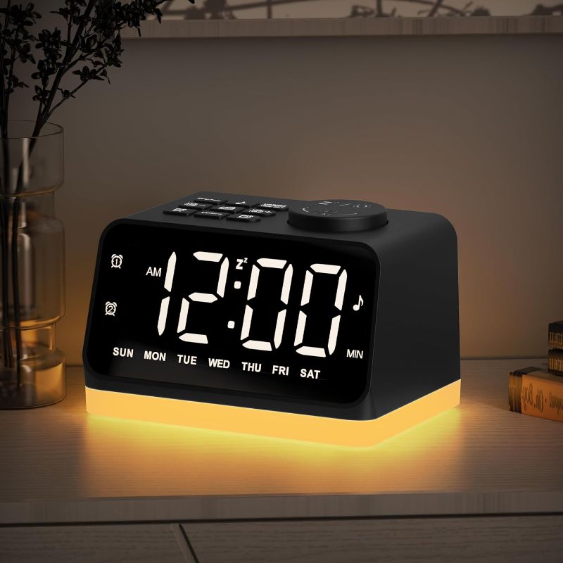 Photo 1 of Digital Alarm Clock with FM Radio for Bedroom, 8 Colors Night Light with 2 Charging Port, Sleep Sound Machines with Timer, Dual Alarm, Loud Alarm and Easy to Use for Seniors and Kids as Gift (Black)