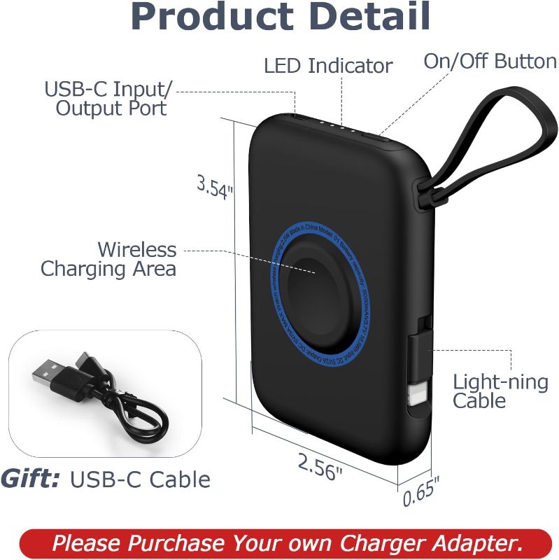 Photo 2 of DDUAN Portable Watch Charger for Apple: 5000mAh Travel Wireless Power Bank with Light-ning Cable - Keychain Charger Compatible with iwatch 9/8/7/6/5/4/3/2/1/SE2/SE & Phone 14/13/12/11(Black)