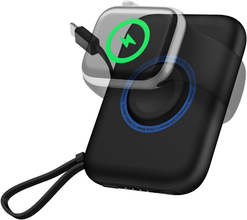 Photo 1 of DDUAN Portable Watch Charger for Apple: 5000mAh Travel Wireless Power Bank with Light-ning Cable - Keychain Charger Compatible with iwatch 9/8/7/6/5/4/3/2/1/SE2/SE & Phone 14/13/12/11(Black)