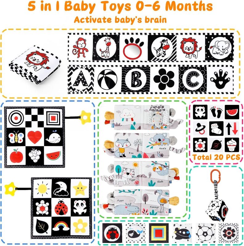 Photo 2 of 5 Pcs Black and White High Contrast Baby Toys 0-3 Months for Newborn, Tummy Time Toys Montessori Toys for Babies 0 3 6 9 Months - Infant Sensory Soft Book Toys for Babies Baby Gift