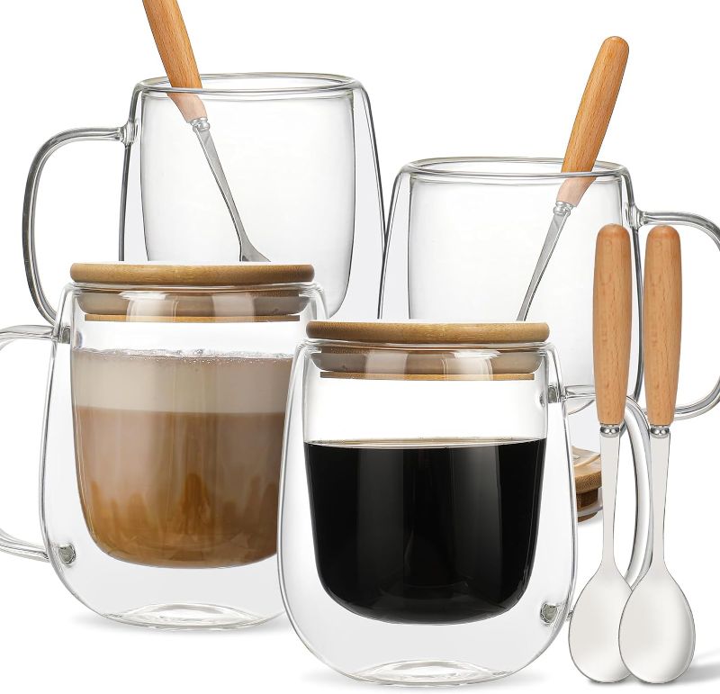 Photo 1 of Double Wall Glass Coffee Mug 12oz, Glass Coffee Mug with Handle 4 Sets - DWTS Coffee Mug with Lid and Spoon for Americano, Cappuccino, Latte, Espresso