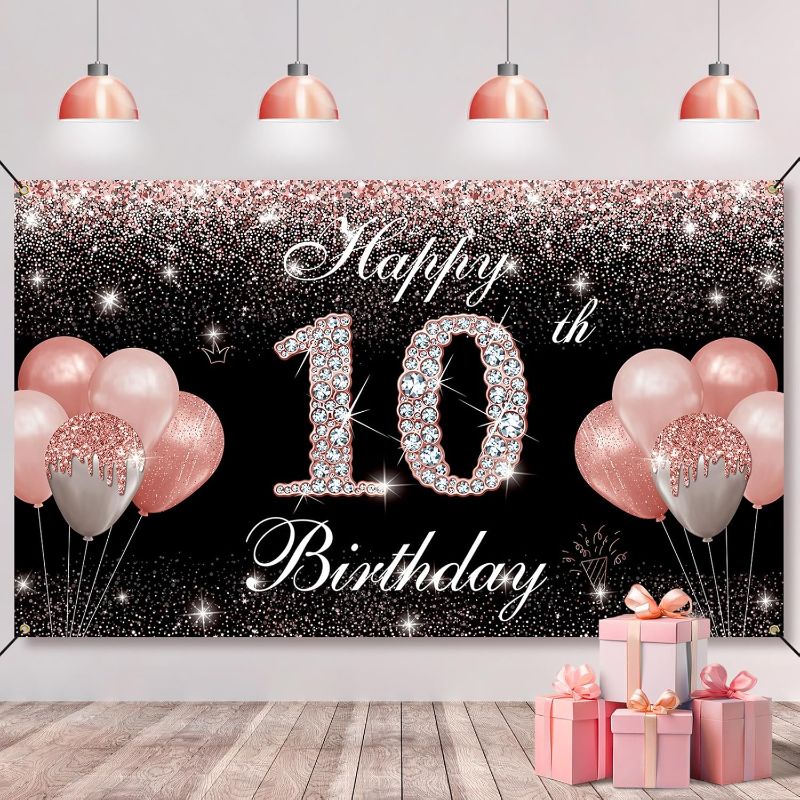 Photo 1 of 10th Birthday Decorations for Girls Rose Gold, Happy 10th Birthday Backdrop Banner, Double Digits 10 Year Old Birthday Party Yard Sign Photo Props Background Decor Supplies, Fabric