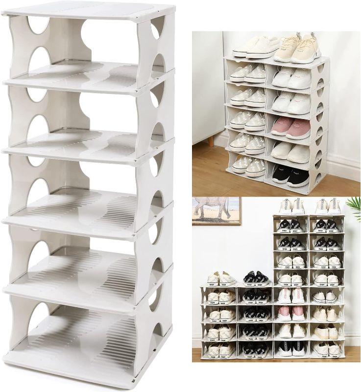 Photo 1 of 6-Tier Shoe Rack,Stackable Shoe Storage Organizer for Bedroom Entryway, Adjustable Shoe Rack,Shoe Slots Organizer Shelf, Easy Clean Shoe Tower Rack,White