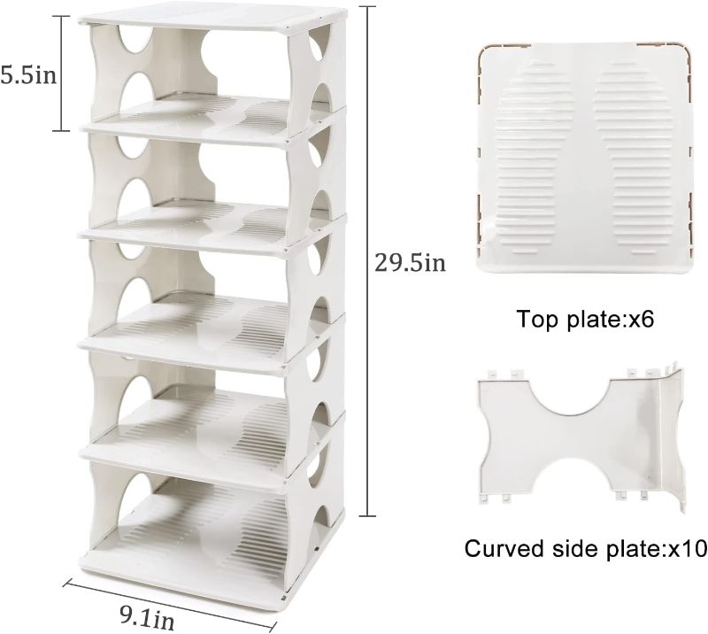 Photo 2 of 6-Tier Shoe Rack,Stackable Shoe Storage Organizer for Bedroom Entryway, Adjustable Shoe Rack,Shoe Slots Organizer Shelf, Easy Clean Shoe Tower Rack,White