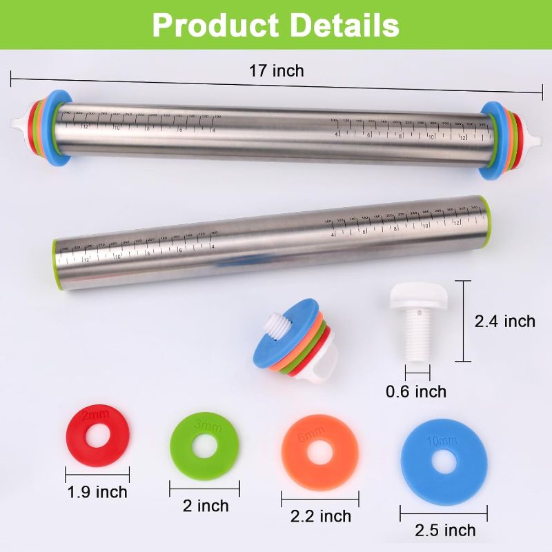 Photo 2 of Adjustable Rolling Pin with Thickness Rings for Baking, Stainless Steel Designs Dough Roller Pins for Cookie Decorating Baking Supplies Fondant Cake Baker Gift