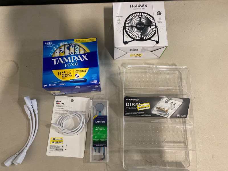 Photo 1 of Tampax Pearl 50 tampons, 5’ USB-C to USB-C Cord, DenTek Professional Oral Care Kit, Holmes Personal USB Fan, Large shallow tray, T5 T8 LED Tube Connector Cable Wire 8 inch Double Male to Male End Extension Cord for Integrated LED Fluorescent Tube Light Bu