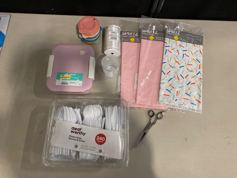 Photo 1 of Spritz table cover pink 52” x 108” x2, Spritz table confetti 52” x 84”, pair of scissors, Spritz Curling Ribbon, Kids Bento Box, empty candle holder, 8 lids, 240 Count Plastic Forks, Spoons, Knives. 
