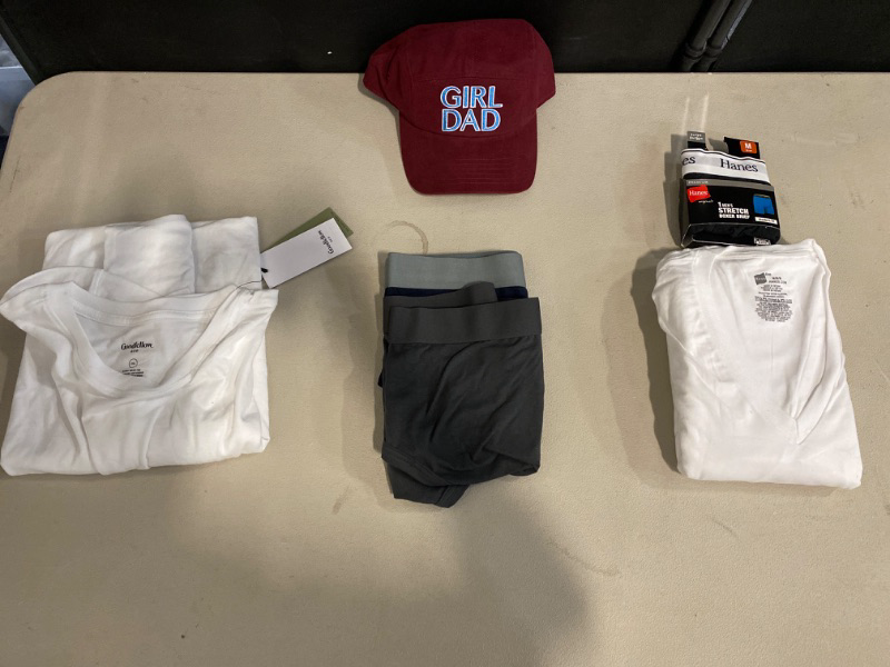 Photo 1 of Miscellaneous Men's Clothing, Boxer Briefs 1 Medium and 2 XL, 1 Medium white shirt V-neck, 1 XXL white t shirt, 1 SnapBack “Girl Dad” hat