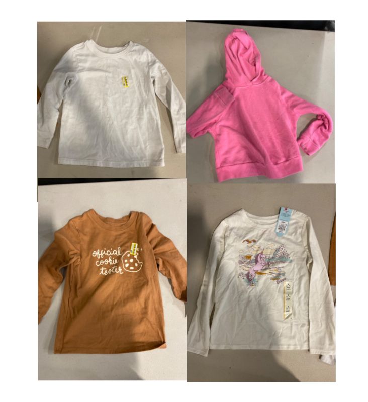 Photo 1 of 4Pc - Miscellaneous Girl's Clothing - 2 shirts 5T, 1 Shirt Small, 1 Pink Hoodie XS