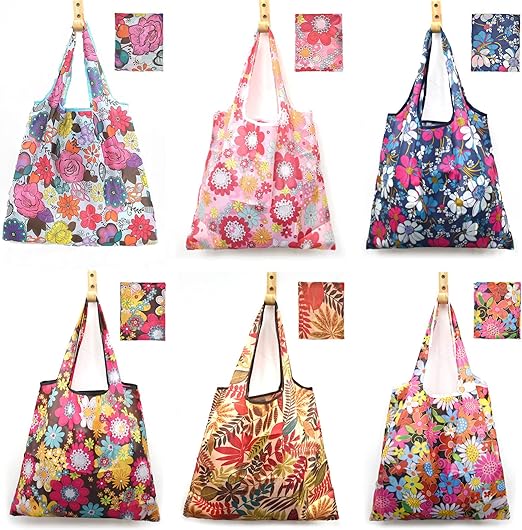 Photo 1 of 6 Pcs Reusable Grocery Bags Xlarge 50LBS Foldable Grocery Shopping Bags Washable Beach Bag Ripstop Nylon Tote Bags