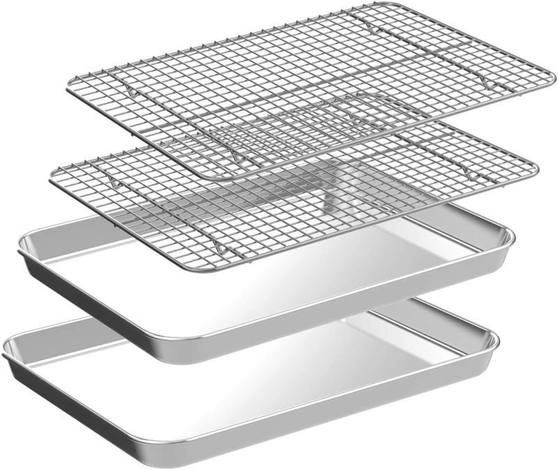 Photo 1 of Quarter Sheet Pan with Cooling Rack Set [2 Baking Sheets + 2 Baking Racks], CEKEE Stainless Steel Cookie Sheets for Baking and Wire Rack - Rust & Warp Resistant & Nonstick, Size 12 x 9.8 x 1 Inch