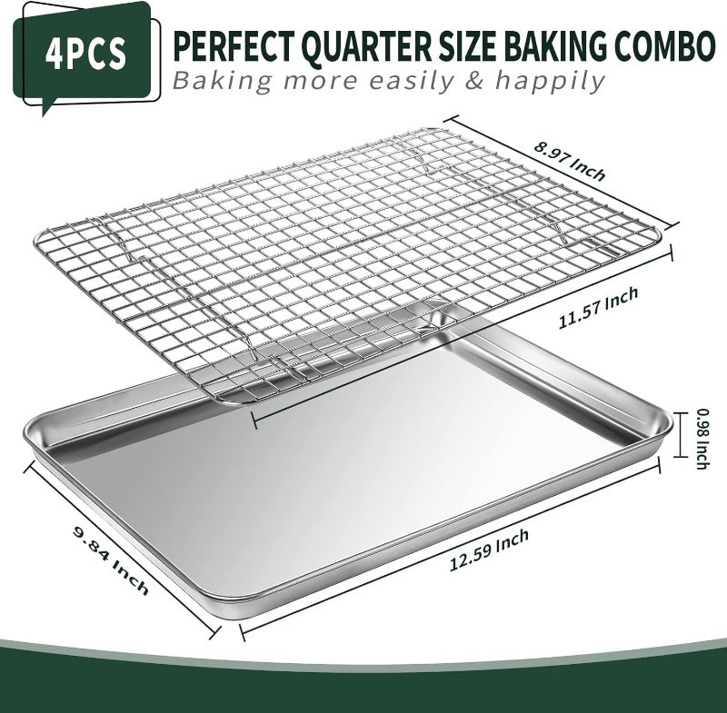 Photo 2 of Quarter Sheet Pan with Cooling Rack Set [2 Baking Sheets + 2 Baking Racks], CEKEE Stainless Steel Cookie Sheets for Baking and Wire Rack - Rust & Warp Resistant & Nonstick, Size 12 x 9.8 x 1 Inch