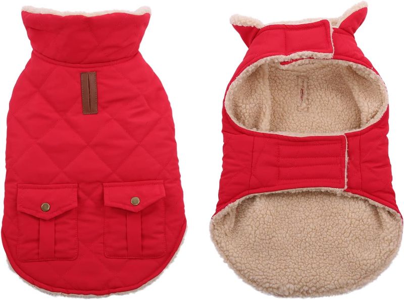 Photo 1 of Queenmore Warm Dog Coat, Cold Weather Puffer Dog Coat, Quilting Winter Dog Jacket Ultra Thick Plush Lining with Storage Pockets (Red, Small)