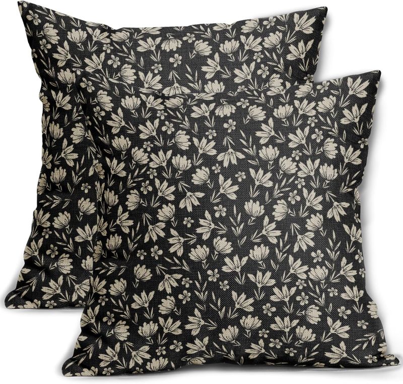 Photo 1 of Vintage Flower Pillow Covers 18x18 Set of 2 Rustic Cute Small Floral Black Brown Old Style Decorative Throw Pillows Outdoor PillowCase Farmhouse Linen Cushion Case Decor for Home Sofa Couch Bed