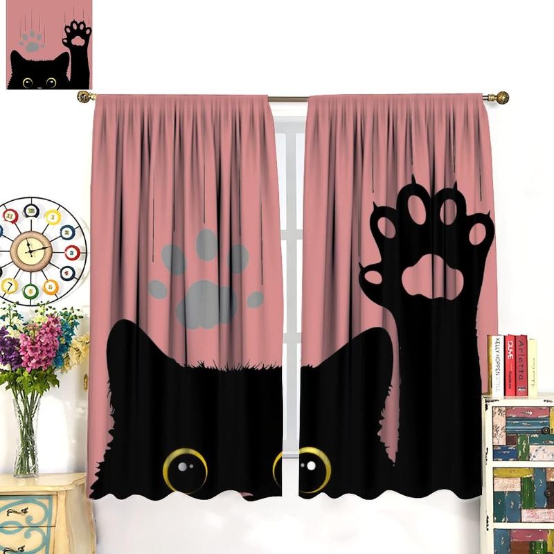 Photo 2 of Cute Cat Blackout Curtains Lovely Cartoon Animal Cat Paw Print Black Pink Art Print for Kids Girls Bedroom Living Room Kitchen Decor Rod Pocket Window Drapes 2 Panels 42x45in