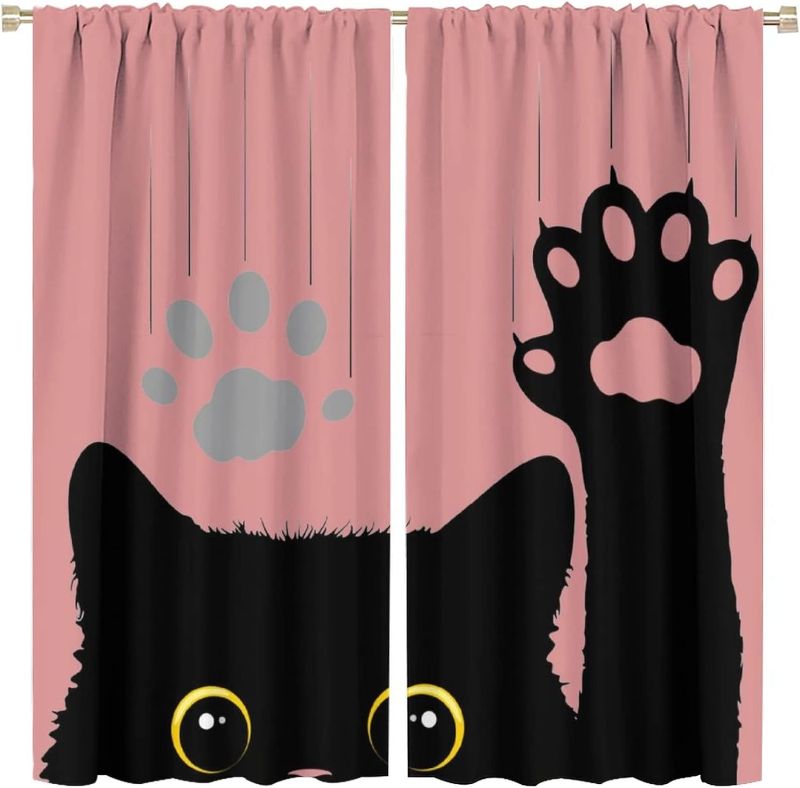 Photo 1 of Cute Cat Blackout Curtains Lovely Cartoon Animal Cat Paw Print Black Pink Art Print for Kids Girls Bedroom Living Room Kitchen Decor Rod Pocket Window Drapes 2 Panels 42x45in