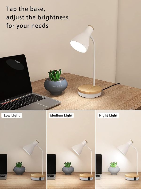 Photo 2 of Metal Desk Lamp Touch Reading Lights Table Lamp Arc Desk Lamps for Bedroom, 3 Way Dimmable Bedside Lamp with USB Charging Ports, Reading Lamp for Study Room and Office - (White-02)