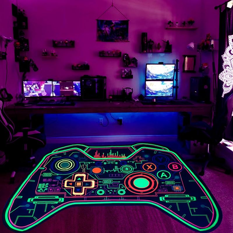 Photo 1 of Gaming Rug Teen Boys Carpet Glow in The Blacklight Gamer Rug for Boys Room Playroom Non-Slip Area Rug Kids Boys Girls Game Room Casual Mat (60"x39")