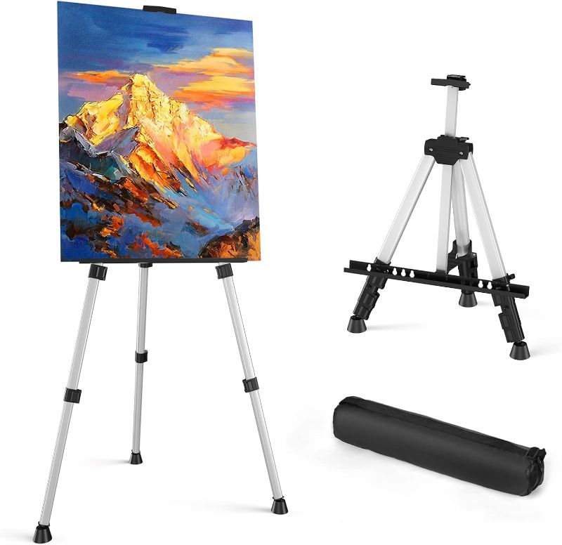 Photo 1 of Art Painting Display Easel Stand - Portable Adjustable Aluminum Metal Tripod Artist Easel with Bag, Height from 17" to 66", Extra Sturdy for Table-Top/Floor Painting, Drawing, and Displaying, Silver