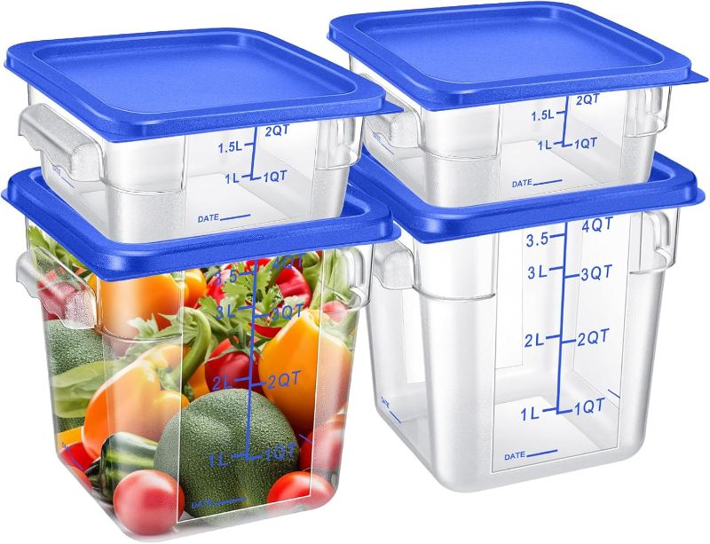 Photo 1 of 4 Pcs Food Storage Container with Lids Set 2qt and 4qt Square Clear Commercial Containers with Scales Handles for Home Restaurant Kitchen Food Storage, Proof Dough, Marinating Meat (Blue)