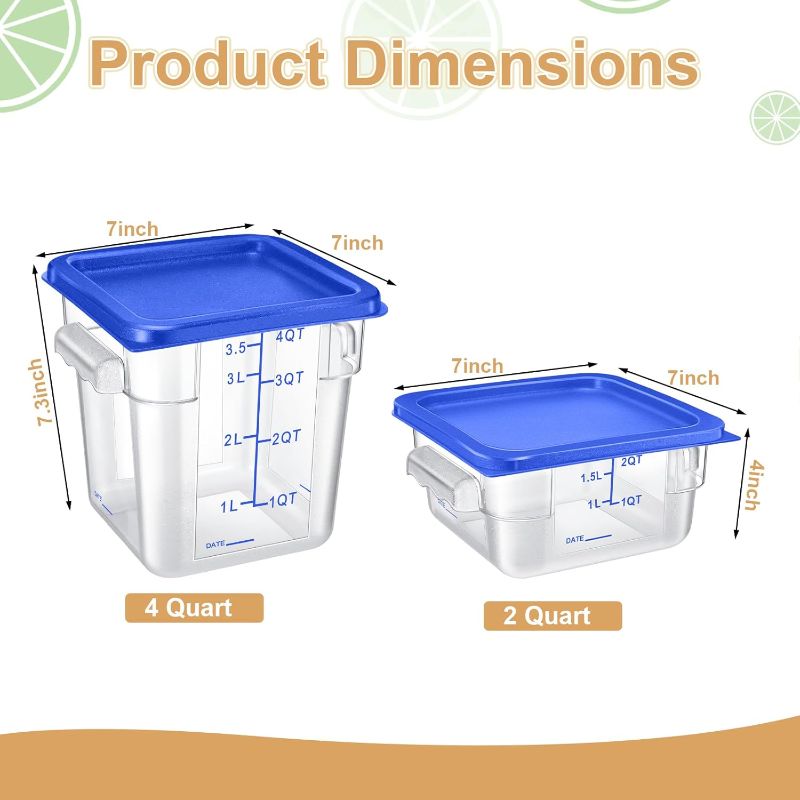 Photo 2 of 4 Pcs Food Storage Container with Lids Set 2qt and 4qt Square Clear Commercial Containers with Scales Handles for Home Restaurant Kitchen Food Storage, Proof Dough, Marinating Meat (Blue)